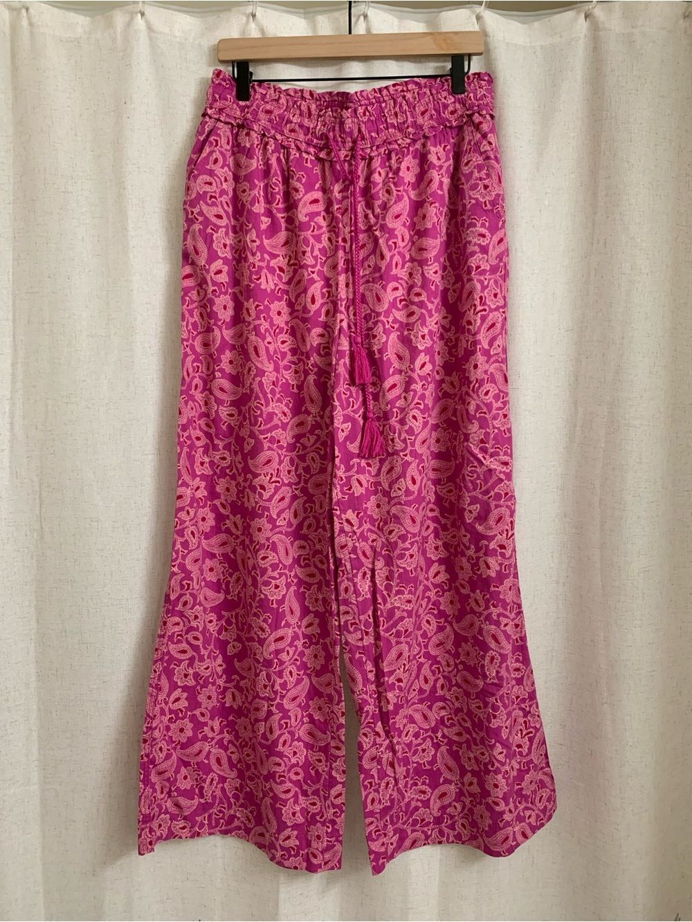 Knox Rose Cotton Blend Pink Paisley Wide-Leg Drawstring Pants Pockets Medium - Picture 1 of 6